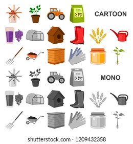Farm and gardening cartoon icons in set collection for design. Farm and equipment vector symbol stock web illustration.