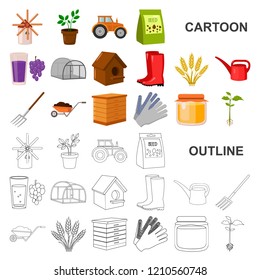 Farm and gardening cartoon icons in set collection for design. Farm and equipment vector symbol stock web illustration.