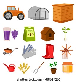 Farm and gardening cartoon icons in set collection for design. Farm and equipment vector symbol stock web illustration.
