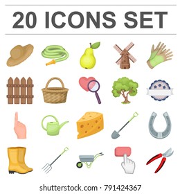 Farm and gardening cartoon icons in set collection for design. Farm and equipment vector symbol stock web illustration.
