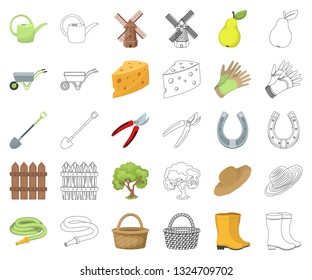 Farm and gardening cartoon,outline icons in set collection for design. Farm and equipment vector symbol stock web illustration.