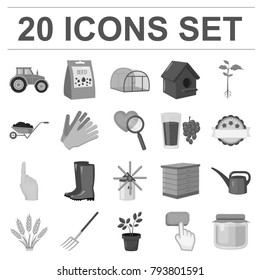 Farm and gardening monochrome icons in set collection for design. Farm and equipment vector symbol stock web illustration.