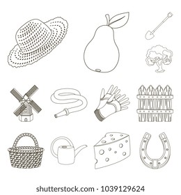 Farm and gardening outline icons in set collection for design. Farm and equipment vector symbol stock web illustration.