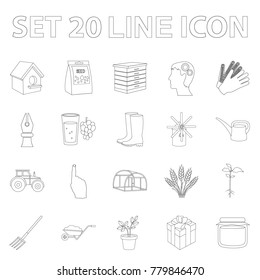Farm and gardening outline icons in set collection for design. Farm and equipment vector symbol stock web illustration.