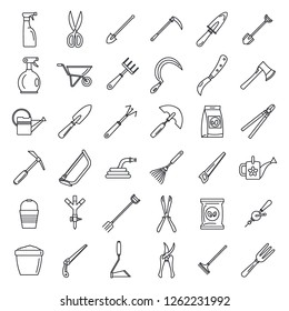 Farm gardening tools icon set. Outline set of farm gardening tools vector icons for web design isolated on white background