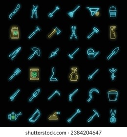 Farm gardening tools icon set. Outline set of farm gardening tools vector icons neon color on black