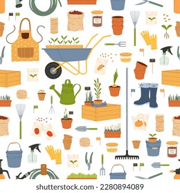 Farm and gardening tools seamless pattern. Agriculture vector background with garden plants and farming equipment. Cartoon flowers, rake and wheelbarrow, boots, gloves, watering can and hose backdrop