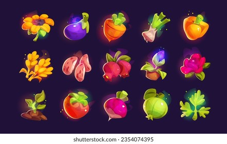 Granja y jardinería ui juego de frutas y verduras de caza. Ilustración aislada de elementos alimentarios para una interfaz de aplicación mibile con brillo y vapor. Girasol brillante, zanahoria, pimienta y tomate con brillo y niebla