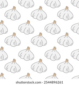 Farm garlic illustration. Seamless pattern on white background. Vector