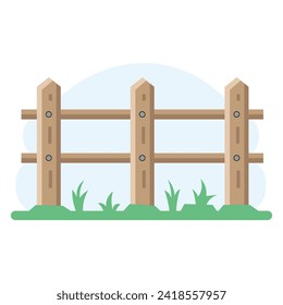 Farm gate for enclosing animals, in a wooden color with grass growing below, suitable for cows, pigs, sheep, with a sky-colored background. Vector illustration.