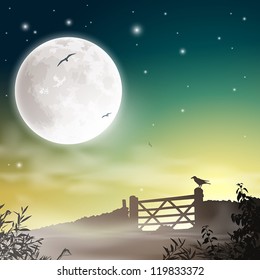 A Farm Gate with Night Sky and Moon