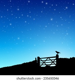 Farm Gate in Silhouette with Night Sky and Stars. - Vector EPS 10