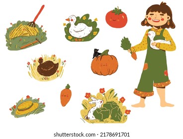 farm girl with animals vector illustration set