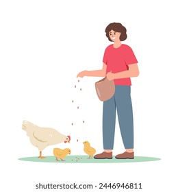 Farm girl character feeding domestic poultry birds. Female Farmer with hens and chicks. Agricultural scene isolated on white background. Vector illustration.