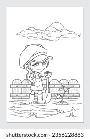 A Farm Girl coloring line art illustration