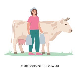 Farm girl with cow and milk. Livestock farming concept, Domestic cattle animals. Female agricultural Farmer character isolated on white background. Vector illustration.