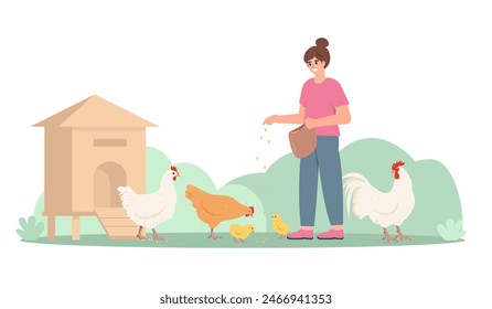 Farm girl feeding domestic poultry birds. Female Farmer character with hens and rooster. Agricultural scene isolated on white background. Vector illustration.