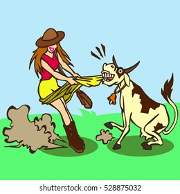 Farm girl, play happily with a cow