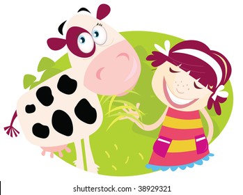 Farm girl with small cow. Small child is feeding cute calf. Vector Illustration.