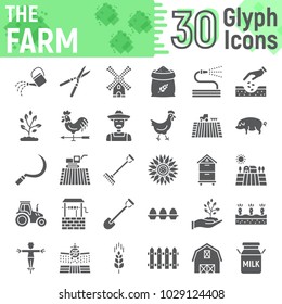 Farm glyph icon set, farming symbols collection, vector sketches, logo illustrations, agriculture signs solid pictograms package isolated on white background, eps 10.