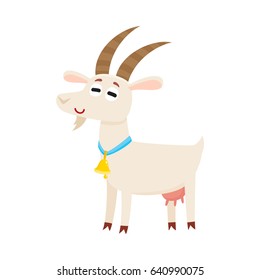 Farm goat with big eyes and horns, wearing bell, cartoon vector illustration isolated on white background. Cute and funny farm goat with friendly face and big eyes