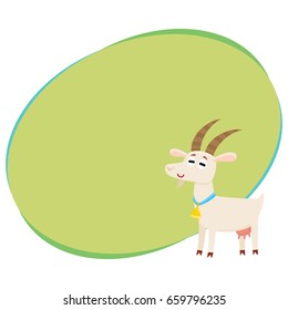 Farm goat with big eyes and horns, wearing bell, cartoon vector illustration with space for text. Cute and funny farm goat with friendly face and big eyes