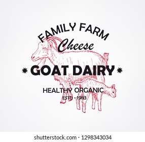 Farm Goat dairy products. Vector illustration sign, symbol, emblem or logo template. Vintage design with hand drawn sketch. Line art style.