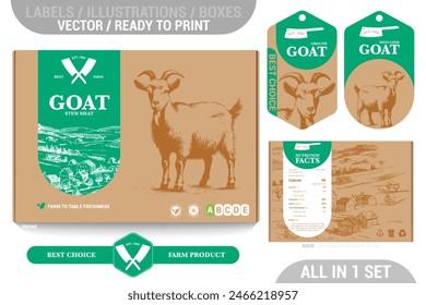 Farm Goat meat packaging design set featuring detailed hand drawn illustrations, accents and informative labels. Perfect for farms, butchers, and supermarkets seeking a high-quality meat 