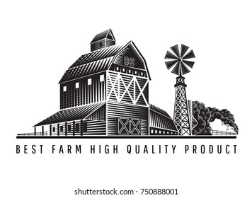 Farm granary and barn with wind mill retro style vintage label