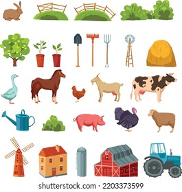 farm graphics design elements flat design illustration,farm tools,domestic animals,flat desgin illustration of farm animals and tools