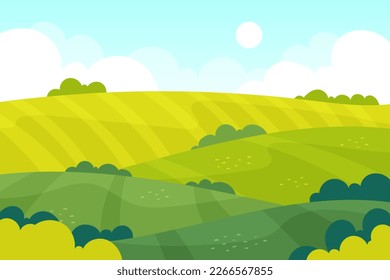 Granja en campos de césped, cielo azul con nubes, colinas verdes. Paisaje pradera, jardín en el campo, parque primaveral, árboles y arbustos. Escena de verano en la aldea. Antecedentes grises del vector