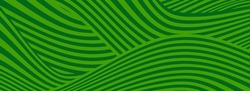 Farm Green Banner, Organic Abstract Background With Fields. Wavy Green Lines, Natural Organic Products. Ecology Background. Striped Farmer Green Pattern
