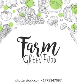 Farm Green Food Banner Template, Can be Used for Organic Food Store, Vegan Products, Farm Market, Restaurant Menu Hand Drawn Vector Illustration