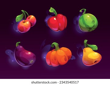 Farm grocery food ui game interface icon vector illustration. Fresh vegetable and fruit for supermarket design. Glossy watermelon, cherry, pumpkin, pear, eggplant and pepper farmer harvest clipart