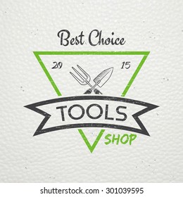 A farm growing flowers. Gardening Tools Shop. Garden Center set. Old retro vintage grunge. Scratched, damaged, dirty effect. Typographic labels, stickers, logos and badges. Flat vector illustration