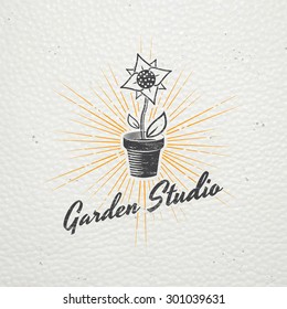 A farm growing flowers. Gardening Tools Shop. Garden Center set. Old retro vintage grunge. Scratched, damaged, dirty effect. Typographic labels, stickers, logos and badges. Flat vector illustration