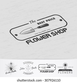 A farm growing flowers. Gardening Tools Shop. Garden Center set. Old retro vintage grunge. Scratched, damaged, dirty effect. Monochrome typographic labels, stickers, logos and badges. Flat vector