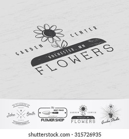 A farm growing flowers. Gardening Tools Shop. Garden Center set. Old retro vintage grunge. Scratched, damaged, dirty effect. Monochrome typographic labels, stickers, logos and badges. Flat vector