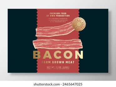 Farm Grown Bacon Food Vector Packaging Label Design Template. Modern Typography Banner, Hand Drawn Ham Meat Sketch Silhouette. Color Paper Background Layout with Gold Foil. Isolated