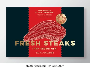 Farm Grown Beef Steak Abstract Vector Packaging Label Design Template. Modern Typography Banner, Hand Drawn Ham Meat Sketch Silhouette. Color Paper Background Layout with Gold Foil. Isolated