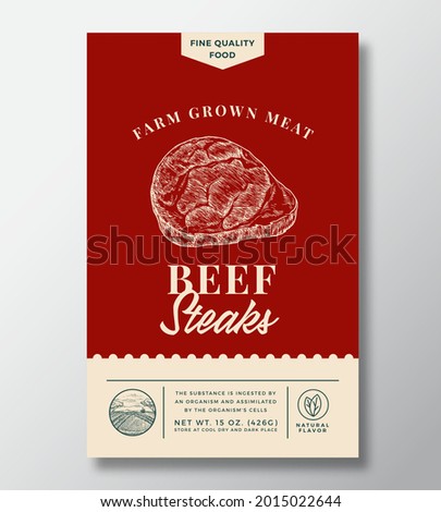 Farm Grown Beef Steak Abstract Vector Packaging Design or Label. Modern Typography Banner, Hand Drawn Meat Sketch Silhouette. Color Paper Background Layout. Isolated.