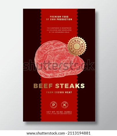 Farm Grown Beef Steak Abstract Vector Packaging Label Design Template. Modern Typography Banner, Hand Drawn Meat Sketch Silhouette. Color Paper Background Layout with Gold Foil. Isolated
