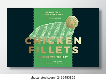Farm Grown Chicken Fillets Abstract Vector Packaging Label Design Template. Modern Typography Banner, Hand Drawn Poultry Sketch Silhouette. Color Paper Background Layout with Gold Foil. Isolated