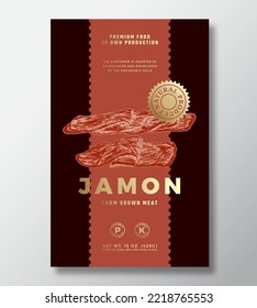 Farm Grown Jamon Abstract Vector Packaging Label Design Template. Modern Typography Banner, Hand Drawn Ham Meat Sketch Silhouette. Color Paper Background Layout with Gold Foil. Isolated