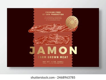 Farm Grown Jamon Food Vektorgrafik Packaging Label Design Vorlage. Moderner Typografie-Banner, handgezeichnete Schinken-Fleisch-Skizze Silhouette. Farbiges Hintergrundlayout mit Goldfolie. isoliert