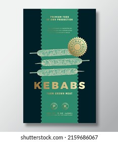 Farm Grown Kebabs Abstract Vector Packaging Label Design Template. Modern Typography Banner, Hand Drawn Meat Sketch Silhouette. Color Paper Background Layout with Gold Foil Isolated