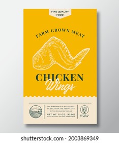 Farm Grown Meat Abstract Vector Packaging Design or Label. Modern Typography Banner, Hand Drawn Chicken Wing Sketch Silhouette. Color Paper Background Layout. Isolated.