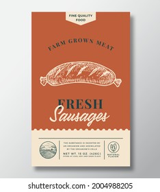 Farm Grown Meat Abstract Vector Packaging Design or Label. Modern Typography Banner, Hand Drawn Wiener Sausage Sketch Silhouette. Color Paper Background Layout. Isolated.