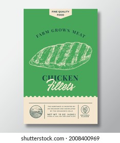 Farm Grown Meat Abstract Vector Packaging Design or Label. Modern Typography Banner, Hand Drawn Chicken Fillet Sketch Silhouette. Color Paper Background Layout. Isolated.