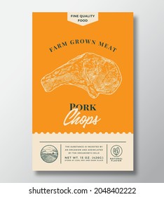 Farm Grown Meat Abstract Vector Packaging Design or Label. Modern Typography Banner, Hand Drawn Pork Chops Steak Silhouette. Color Paper Background Layout. Isolated.